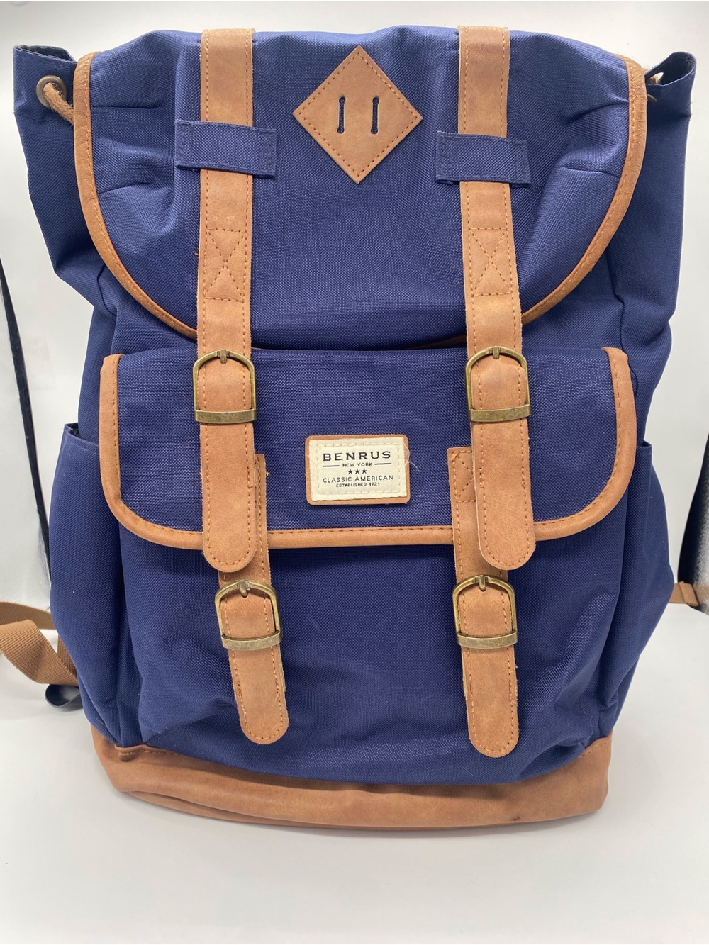 Beyond Yoga Navy Canvas Backpack with Brown Trim